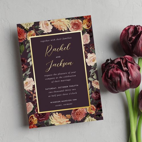 Rustic Bloom Watercolor Floral Frame Wedding Foil Invitation