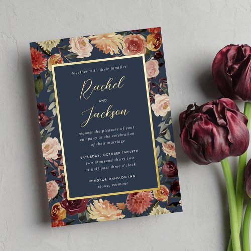 Rustic Bloom Watercolor Floral Frame Wedding Foil Invitation