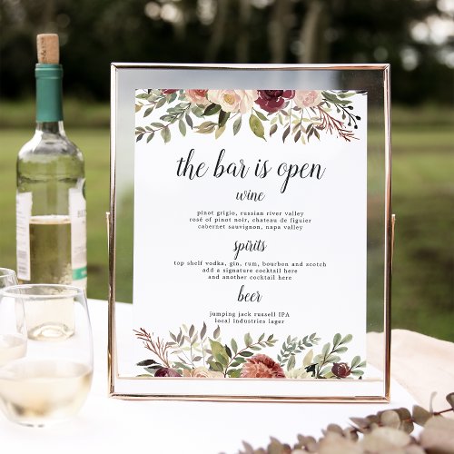 Rustic Bloom Wedding Bar Menu Sign