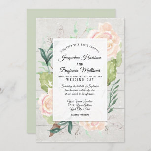 Rustic Bloom Wood Watercolor Art Floral Ivory Rose Invitation