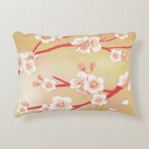 Rustic Blooming Peachy Cherry Blossom Flowers Accent Pillow