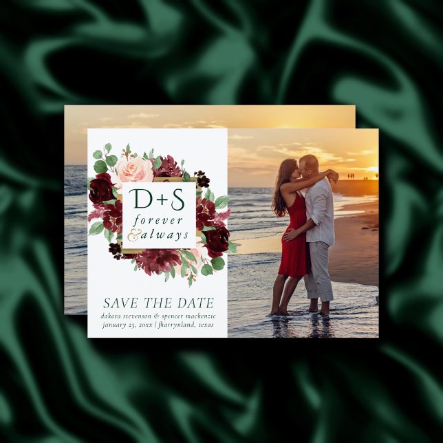 Rustic Blooms | Terracotta and Marsala Red 2 Photo Save The Date (Creator Uploaded)