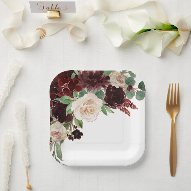 Rustic Blooms | Terracotta and Marsala Red Bouquet Paper Plates (Wedding)