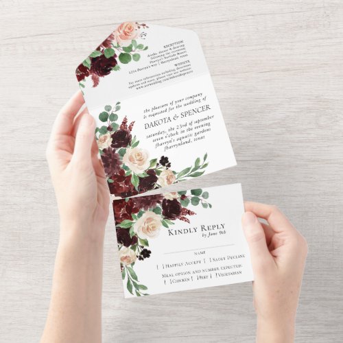 Rustic Blooms  Terracotta and Marsala Red Entree All In One Invitation