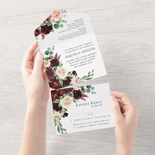 Rustic Blooms  Terracotta and Marsala Red Entree All In One Invitation