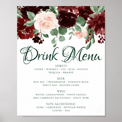 Rustic Blooms  Terracotta Marsala Red Drink Menu Poster