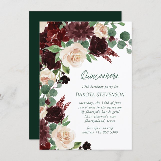 Rustic Blooms | Terracotta Marsala Red Quinceanera Invitation (Front/Back)