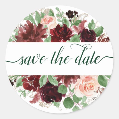 Rustic Blooms  Terracotta Marsala Save the Date Classic Round Sticker