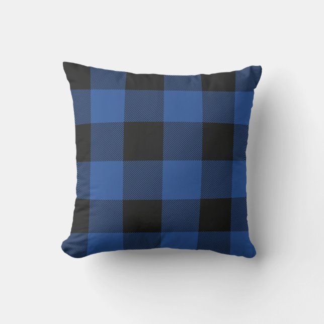 Rustic Blue and Black Buffalo Check Plaid Throw Pillow (Front)