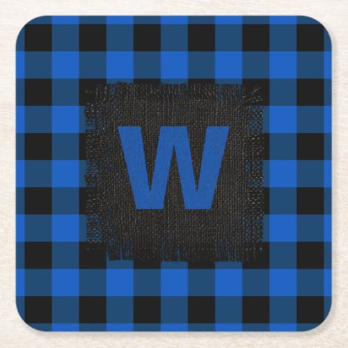 Rustic Blue and Black Buffalo Plaid Monogram Square Paper Coaster