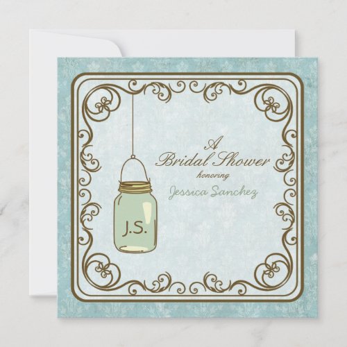 Rustic Blue and Brown Mason Jar Bridal Shower Personalized Invites