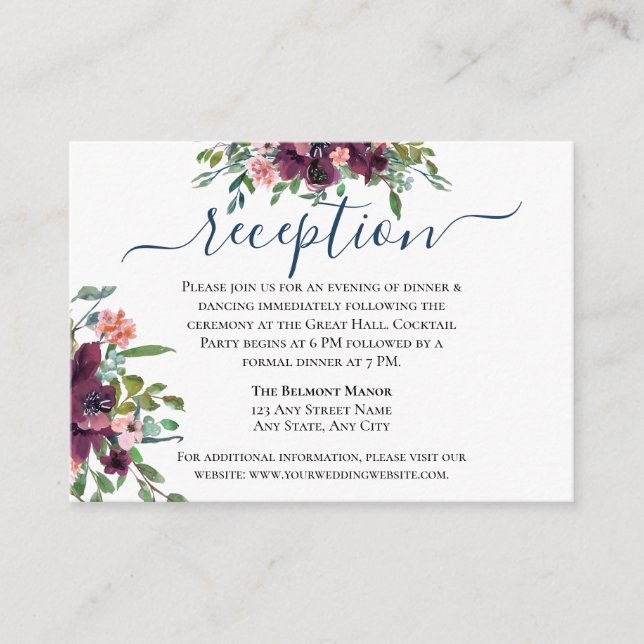 Rustic Blue and Burgundy Floral Wedding Reception  Enclosure Card (Front)