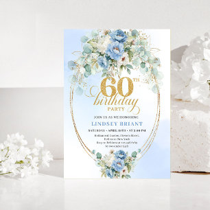Rustic Blue and Gold 60th Birthday Invitation
