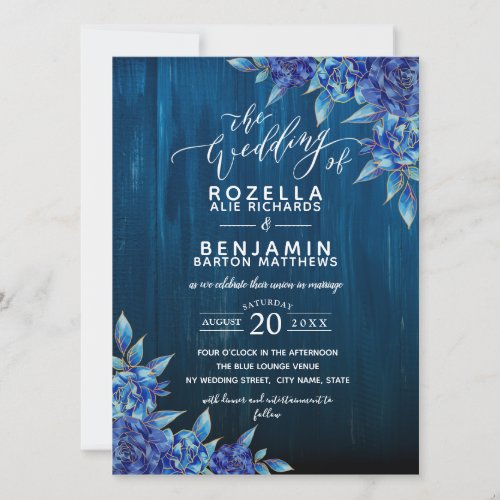 Rustic Blue and Gold Rose Wood Minimalist Wedding Invitation