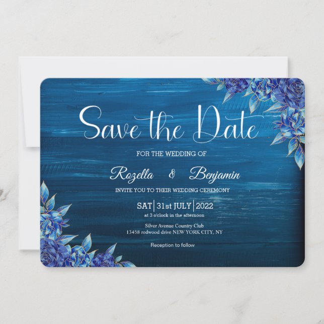 Rustic Blue and Gold Rose Wood Minimalist Wedding  Save The Date (Front)