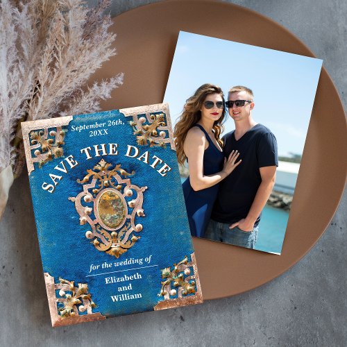 Rustic Blue and Gold Vintage Book Save The Date