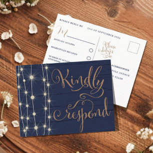 Rustic Blue and Gold Wedding RSVP Invitation Postcard