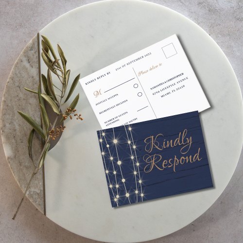Rustic Blue and Gold Wedding RSVP Invitation Postcard