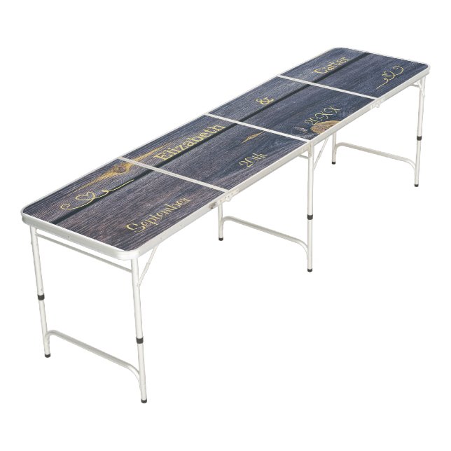Rustic Blue and Gold Wood Tone Wedding Beer Pong Table (Angled)