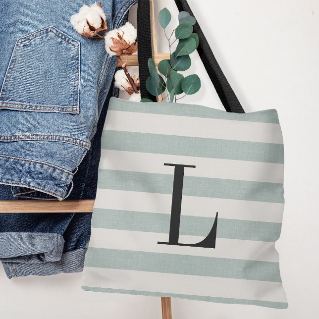 Rustic Blue and Ivory Stripes Large Monogram Tote Bag (Creator Uploaded)