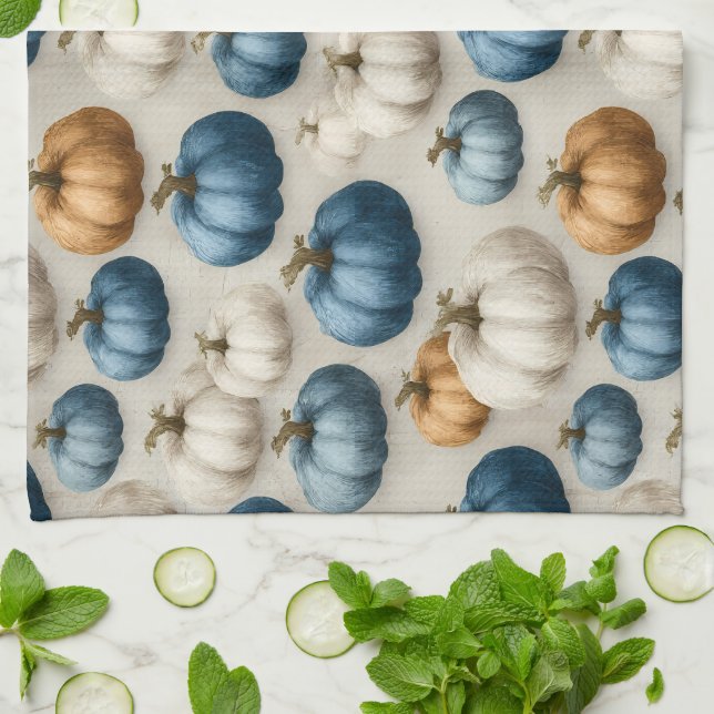 Rustic Blue and Neutral Pumpkins Kitchen Towel (Folded)