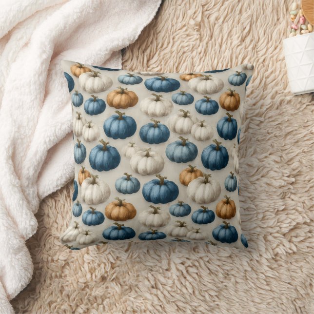 Rustic Blue and Neutral Pumpkins Throw Pillow (Blanket)
