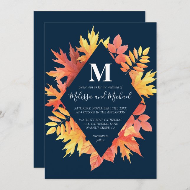 Rustic Blue and Orange Fall Leaves Wedding Invitation (Front/Back)