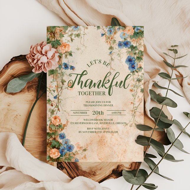 Rustic Blue and Orange Floral Thanksgiving Dinner Invitation (Creator Uploaded)