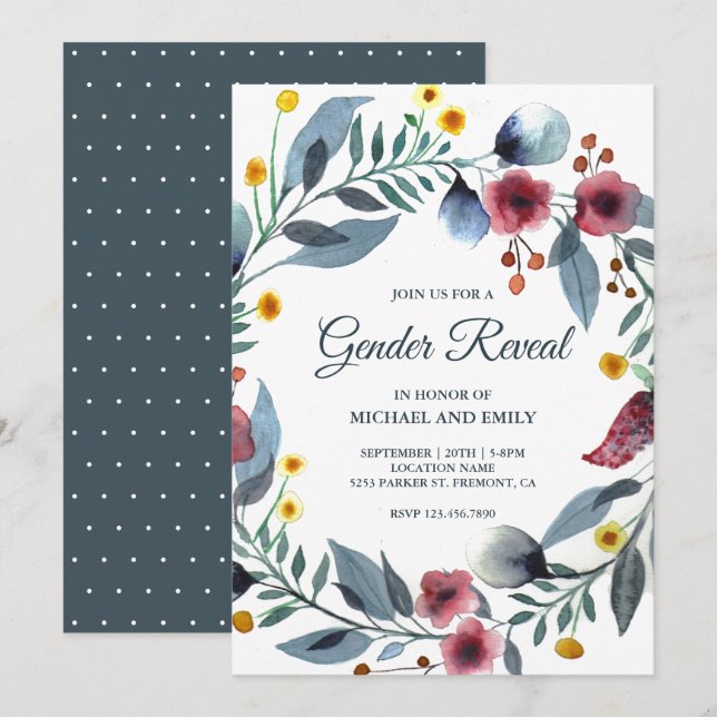 Rustic Blue and Pink Floral Wreath Gender Reveal Invitation (Front/Back)