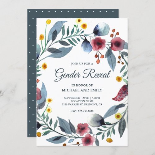 Rustic Blue and Pink Floral Wreath Gender Reveal Invitation