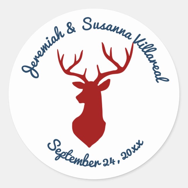 Rustic Blue and Red Deer Country Wedding Classic Round Sticker (Front)