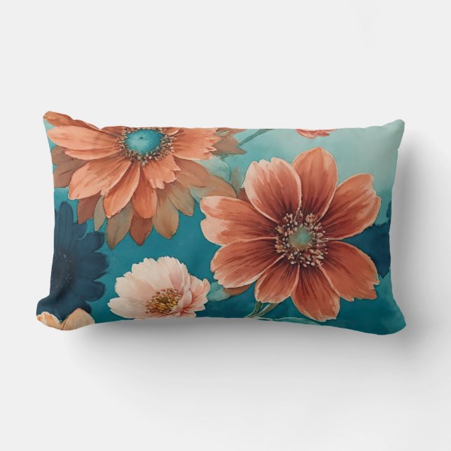 Rustic Blue and Rust Boho floral Lumbar Pillow (Front)