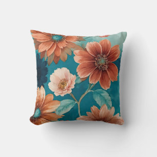 Rustic Blue and Rust Boho floral Throw Pillow