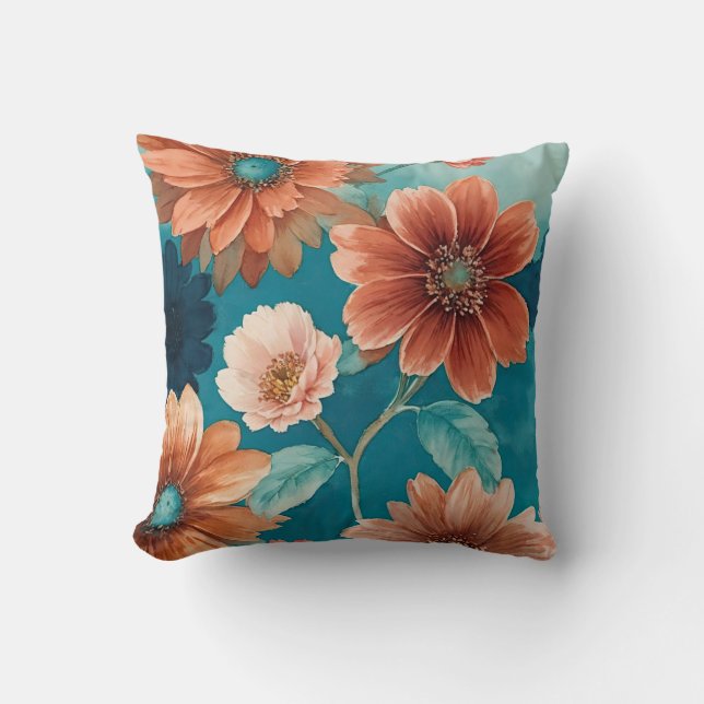 Rustic Blue and Rust Boho floral Throw Pillow (Front)