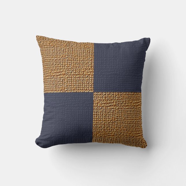 Rustic Blue and Tan Squares Burlap Throw Pillow (Front)
