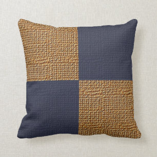 Rustic Blue and Tan Squares Burlap Throw Pillow