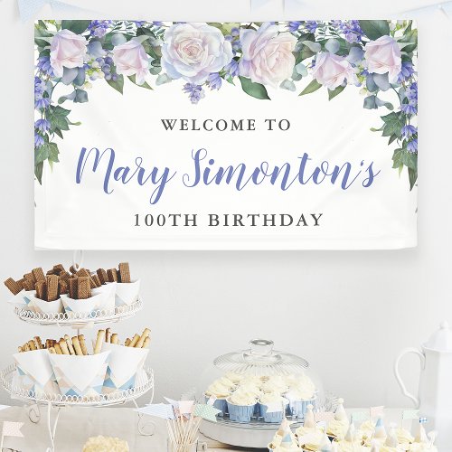 Rustic Blue and White Floral 100th Birthday Banner