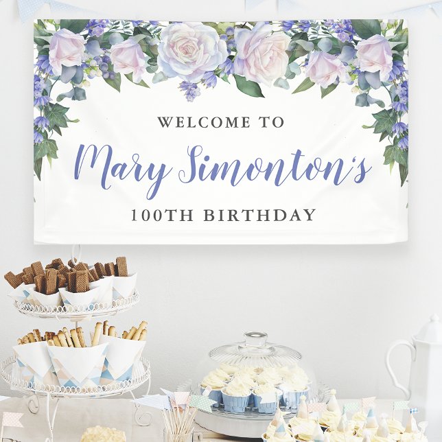 Rustic Blue and White Floral 100th Birthday Banner (Creator Uploaded)