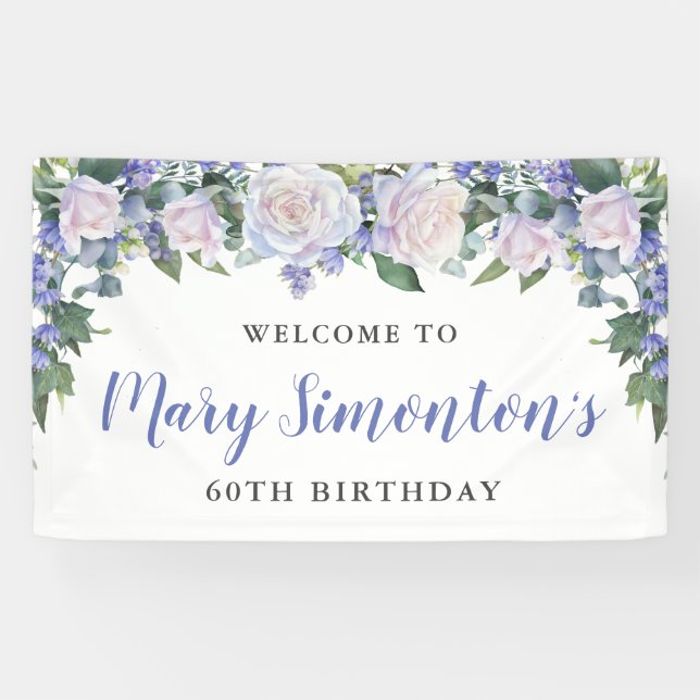 Rustic Blue and White Floral 60th Birthday Banner (Horizontal)