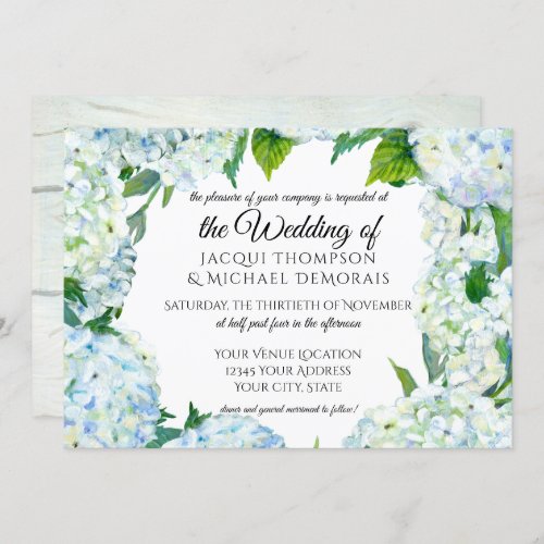 Rustic Blue and White Hydrangea Wreath Floral Wood Invitation