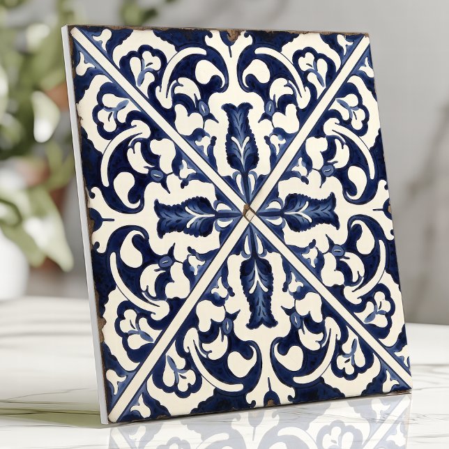 Rustic Blue and White Sicilian Majolica Ceramic Tile (Creator Uploaded)