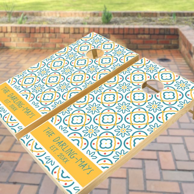 Rustic Blue and White Spanish Tile Pattern Custom Cornhole Set (Creator Uploaded)