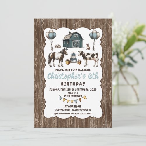 Rustic Blue Animals Birthday Party Invitation