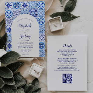 Rustic Blue Arch Portuguese Tile QR Code Wedding Invitation