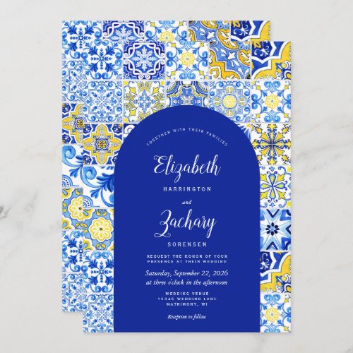 Rustic Blue Arch Yellow Portuguese Tile Wedding Invitation