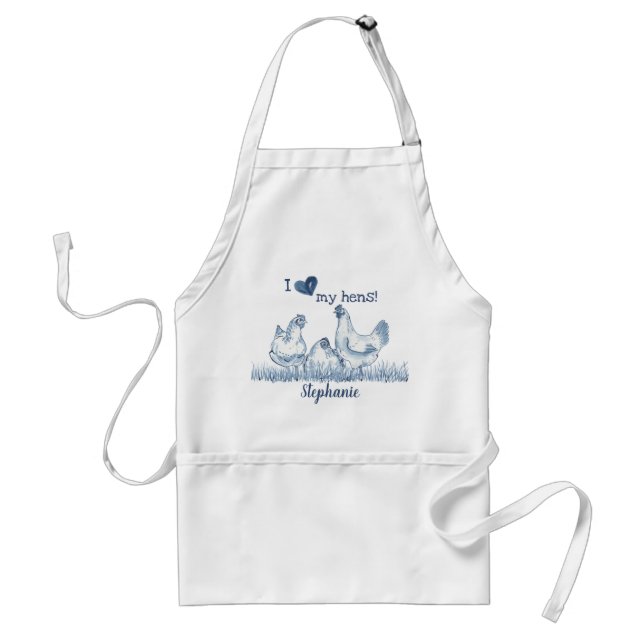 Rustic Blue Art Hens, Chickens Lover Personalized Adult Apron (Front)
