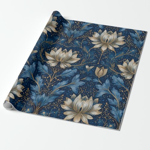 Rustic Blue Art Nouveau  Bold Vintage Gold Floral Wrapping Paper