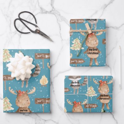Rustic Blue Baby First Christmas Animals Add Name Wrapping Paper Sheets