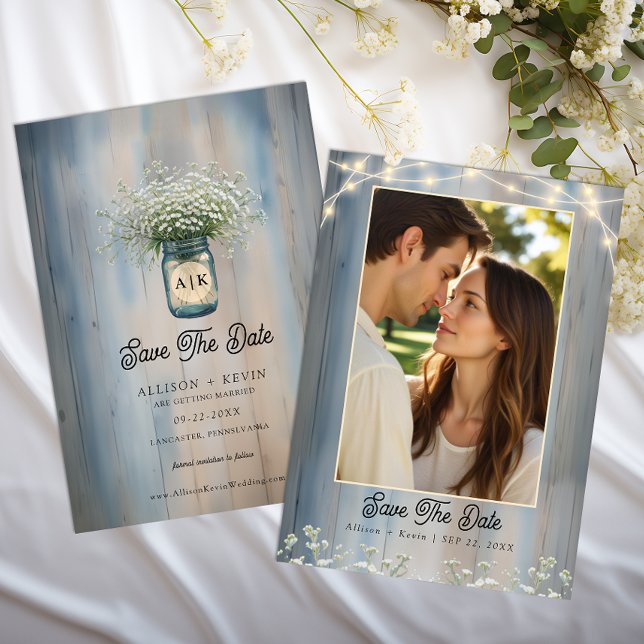 Rustic Blue Baby’s Breath Photo Save the Date Card (Country Wedding Photo Save The Date)