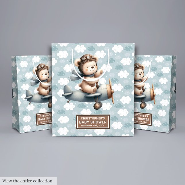 Rustic Blue Baby Shower Gift Bag With Bear Pilot (Rustic Blue Baby Shower Gift Bag With Bear Pilot)